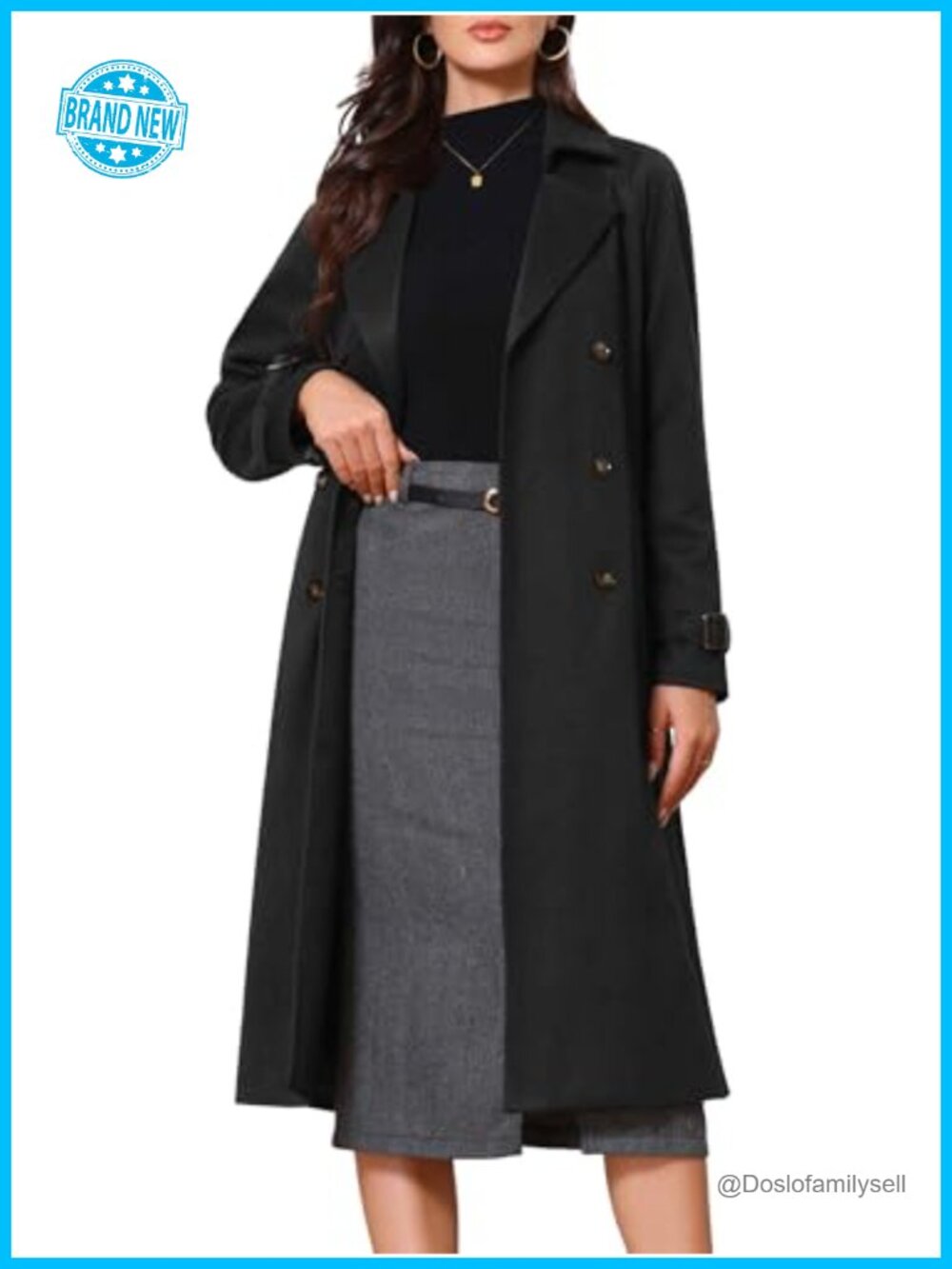 Women's Double Breasted Belted Long Trench Coat Notched Lapel Overcoat